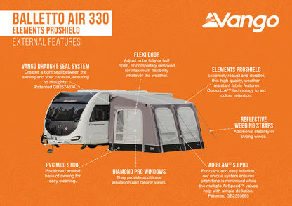  Vango Balletto Air 330 Elements ProShield Caravan Awning WIth Free Carpet